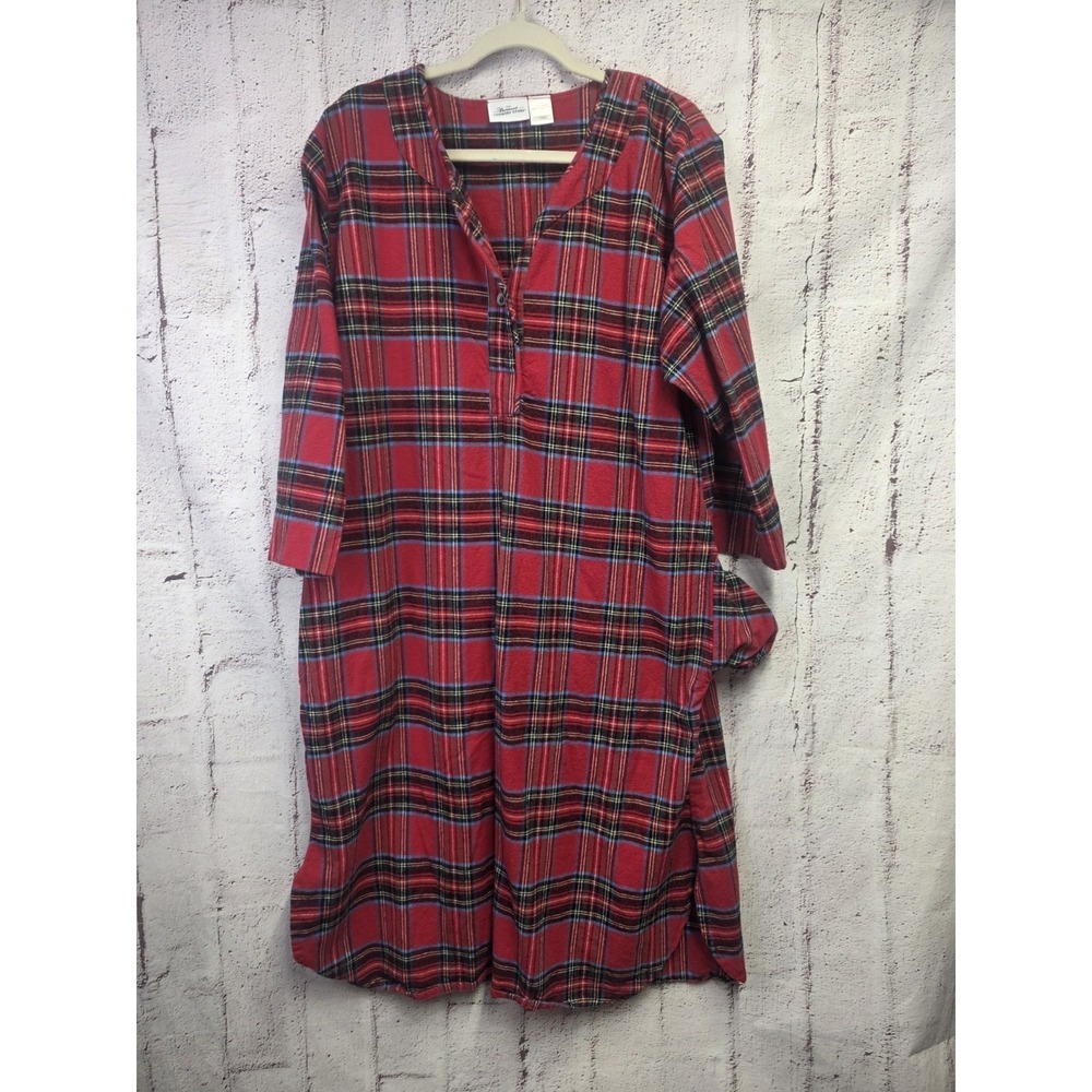 Vermont Country Store Green Plaid Gingham Flannel Nightgown L Holiday Lounge